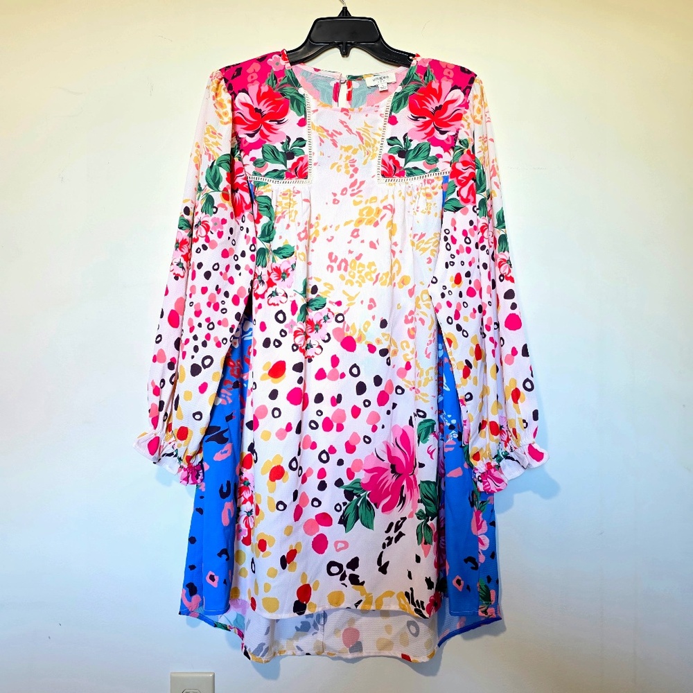 Umgee Floral Animal Print Mixed Media Boho Dress Size Large EUC